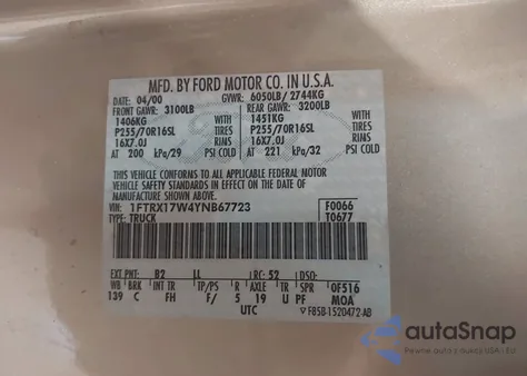 2000 Ford F-150 Lariat/Work Series/Xl/Xlt из США, поврежденный, VIN 1FTRX17W4YNB67723